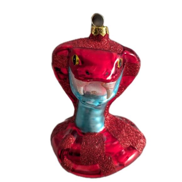 Red King Cobra Snake Christmas Ornament Blown Glass Glitter Blue 4” Serpent - Picture 1 of 10